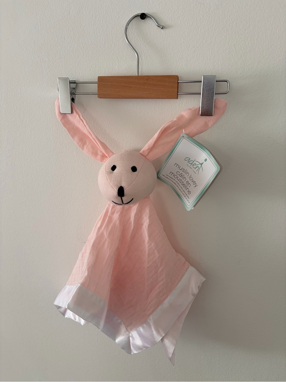 aden + anais Blush Pink Bunny Muslin Lovey with White Satin Trim